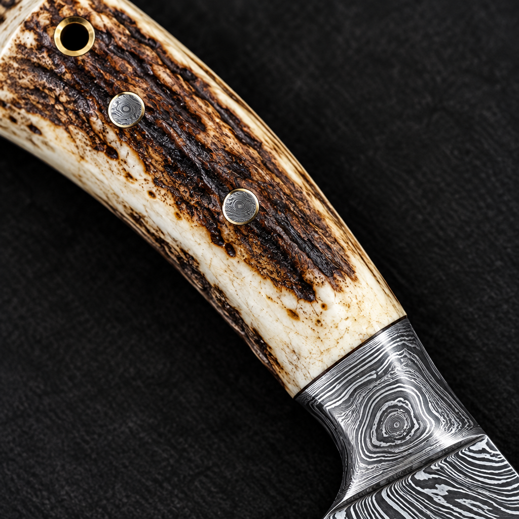 Extreme close-up of natural stag antler chef knife handle with Damascus steel guard on deep black charcoal background