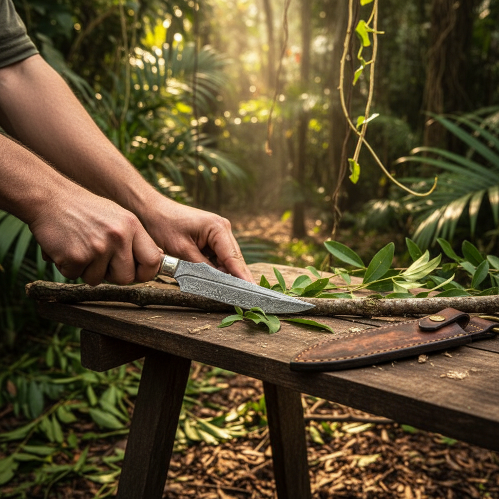 Hands safely using a custom handmade Damascus steel dagger knife during a jungle camp task with leather sheath nearby
