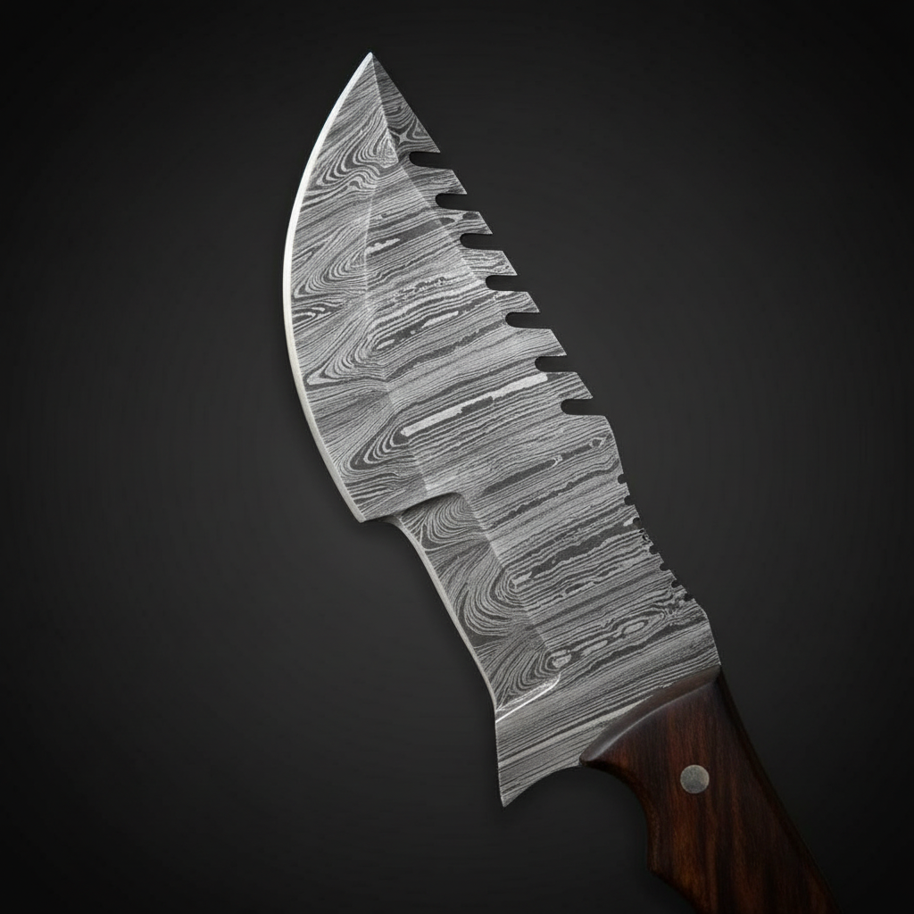 Close-up of the patterned Damascus steel blade on a plain near-black charcoal background
