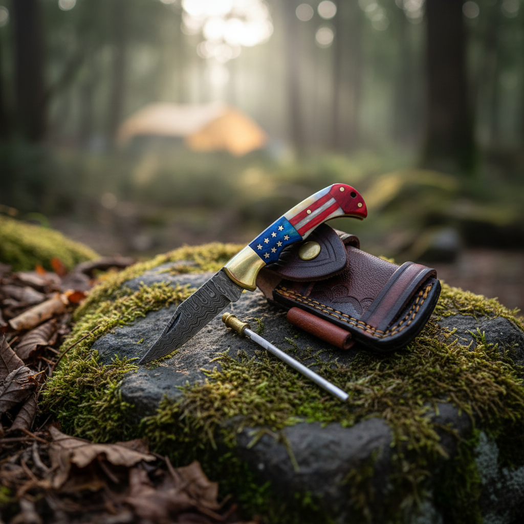 Damascus folding pocket knife with leather sheath and sharpening rod arranged on mossy green rocks at a forest campsite