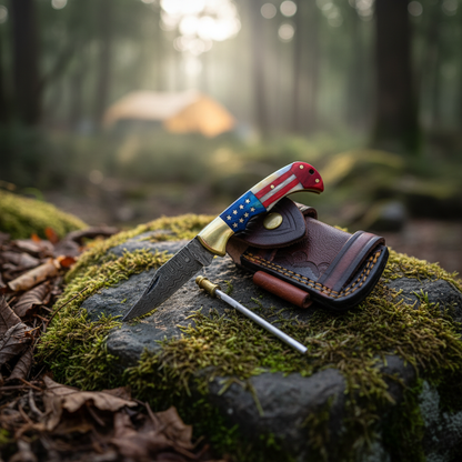 Damascus folding pocket knife with leather sheath and sharpening rod arranged on mossy green rocks at a forest campsite