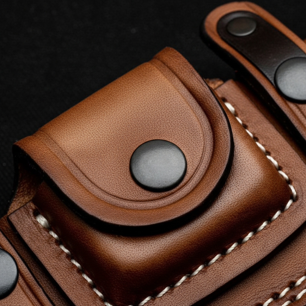 Extreme close-up of premium leather knife sheath texture with white hand stitching and black snap buttons on charcoal background