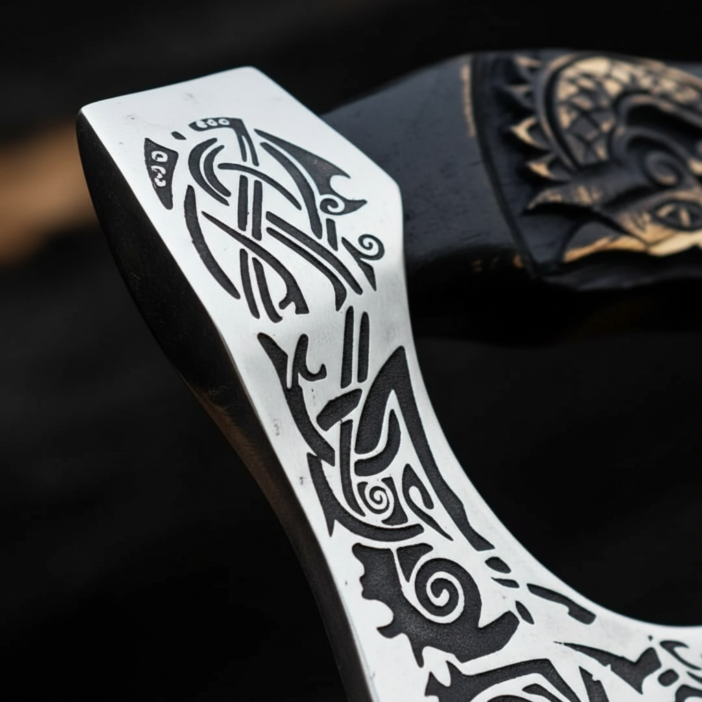 Extreme close up of Viking Norse axe blade showing Celtic knotwork and dragon engraving detail