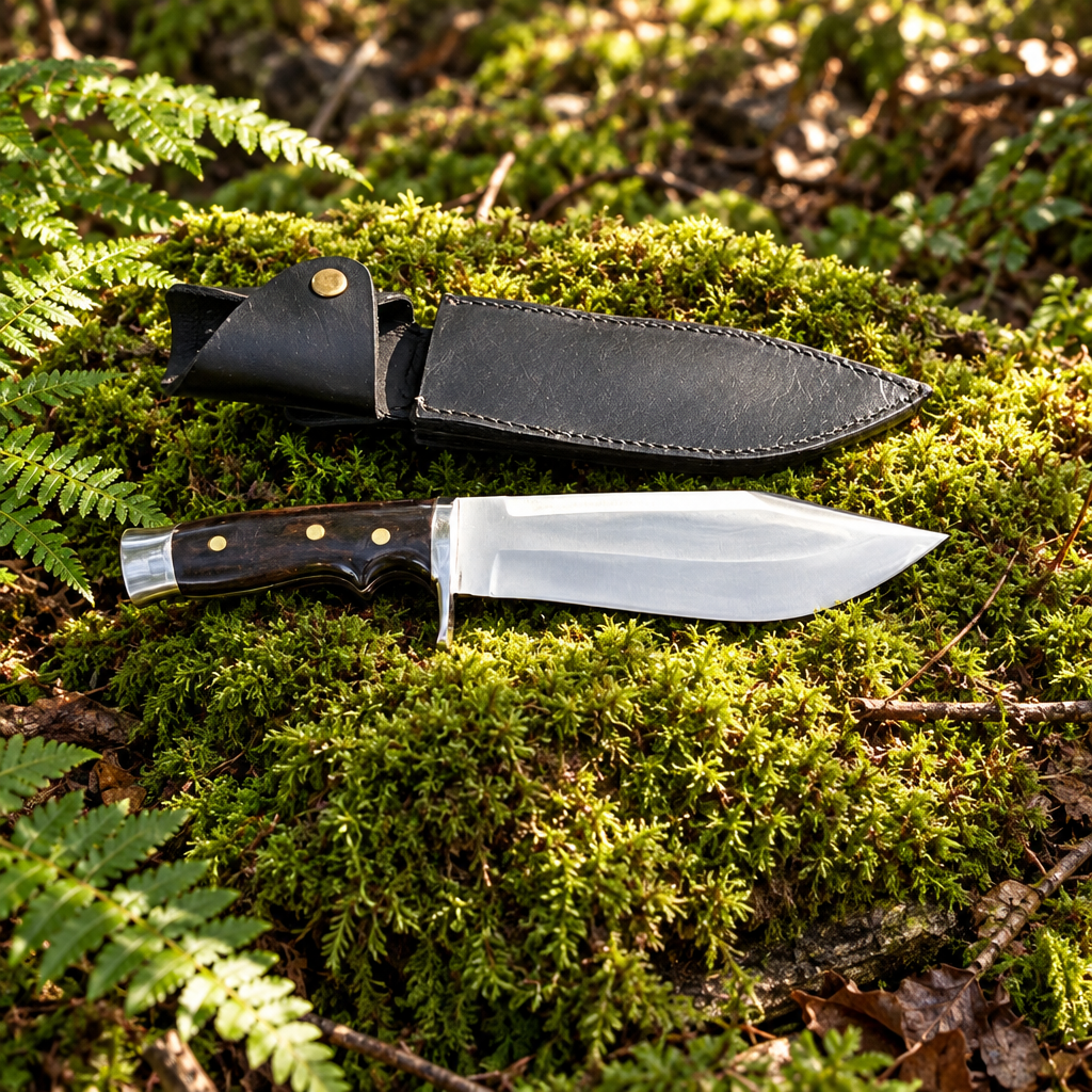 Carbon steel survival Bowie knife and black leather belt sheath resting on thick green forest moss natural outdoor setting