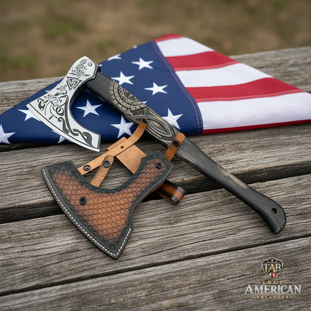 Engraved Viking-inspired axe and matching brown sheath arranged beside a folded American flag
