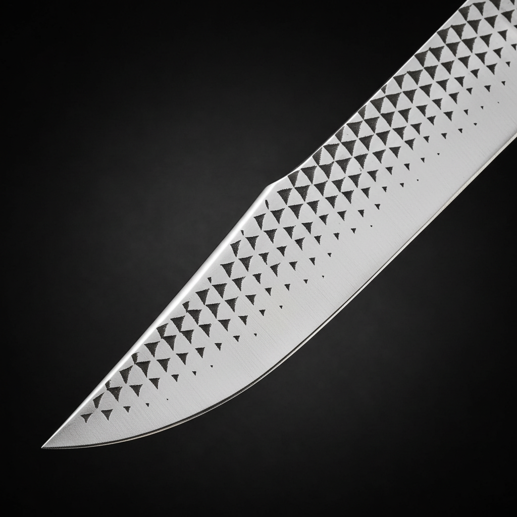 Extreme close-up macro of hand forged farrier rasp blade triangle pattern texture clip point on black charcoal background