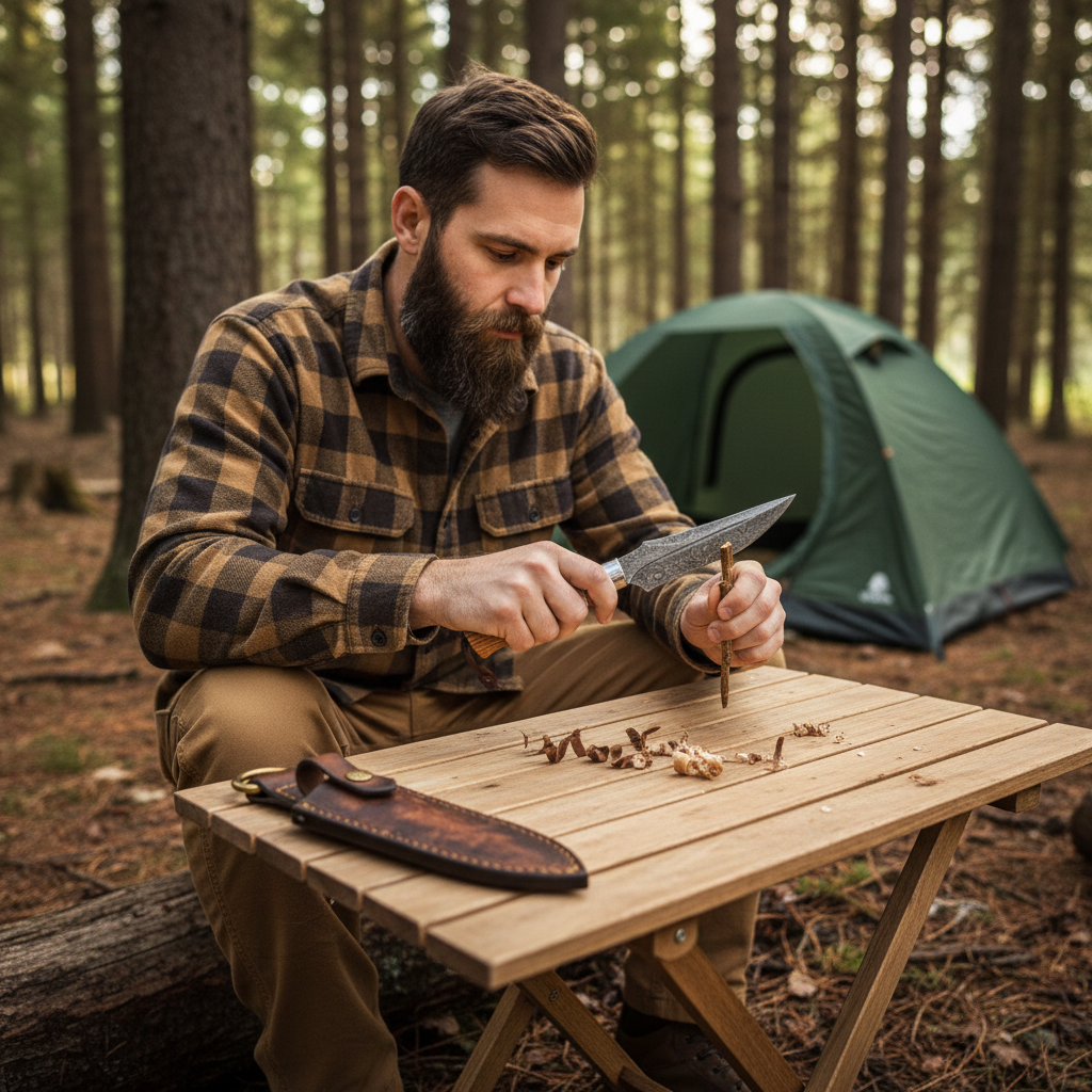 Bearded man safely using a custom handmade Damascus steel dagger knife at a forest campsite, no flag