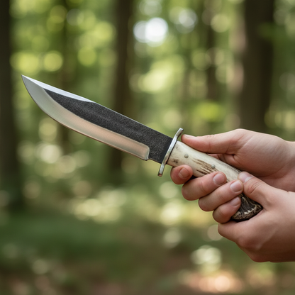 Hand holding the high carbon Bowie hunting fixed blade knife with stag antler crown handle against forest bokeh