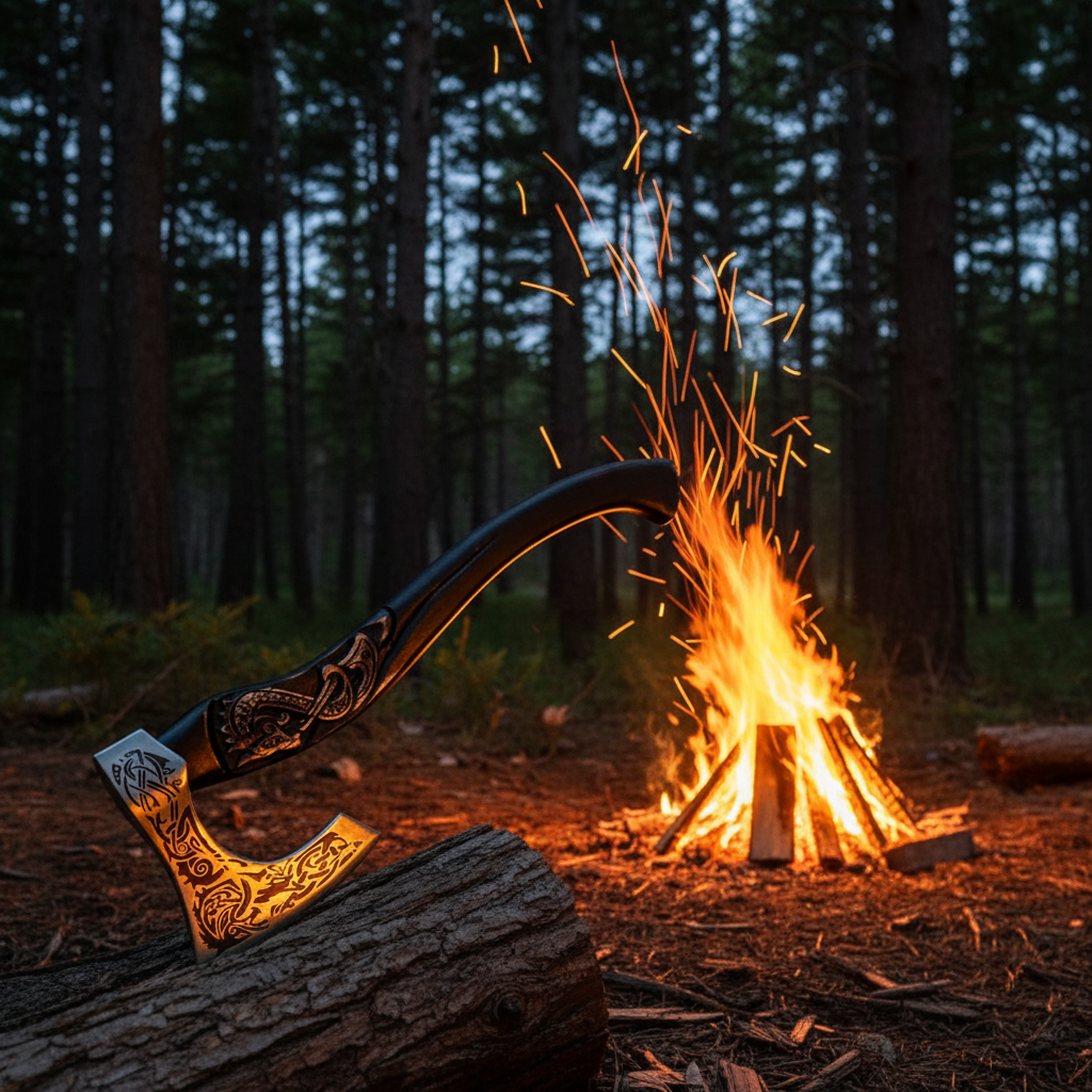 Handmade Viking Norse axe beside campfire at night, dramatic firelight illuminating Celtic engraving