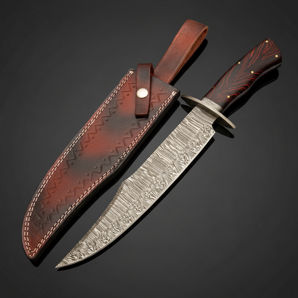 Hand-forged Damascus tracker knife with two-tone Micarta and Pakkawood handle beside leather sheath