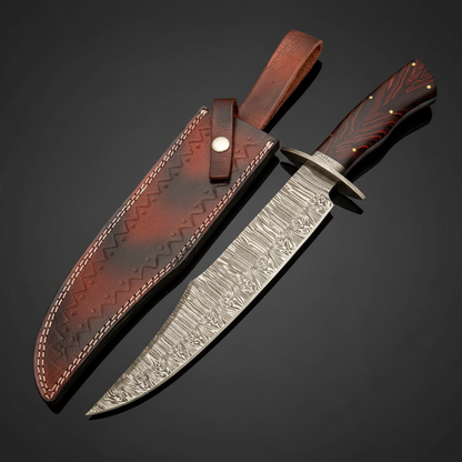 Hand-forged Damascus tracker knife with two-tone Micarta and Pakkawood handle beside leather sheath