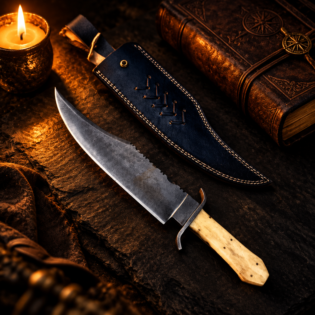 Carbon steel Juan Padilla Bowie knife camel bone handle dark luxury cinematic editorial shot with leather journal and candle glow