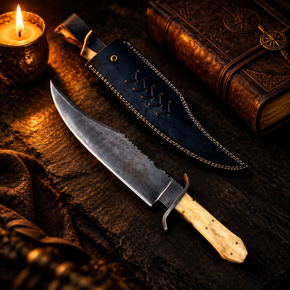 Carbon steel Juan Padilla Bowie knife camel bone handle dark luxury cinematic editorial shot with leather journal and candle glow
