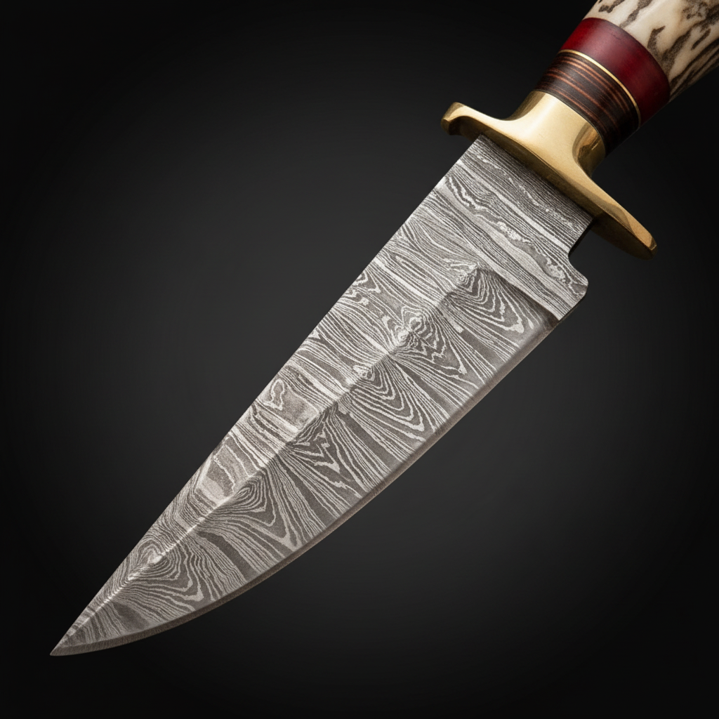 Close view of the Damascus steel hunting knife blade with brass guard and part of the stag horn handle