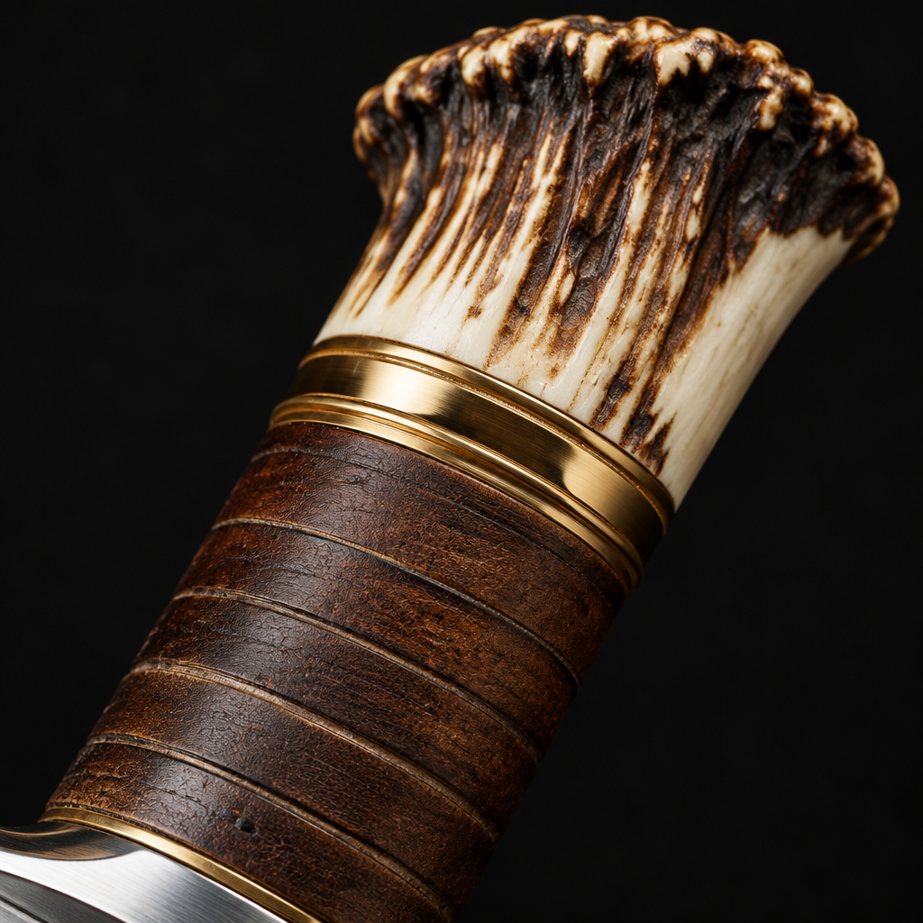 Extreme close-up of stacked leather hunting knife handle with gold brass spacer ring and stag antler crown tip on deep black charcoal background