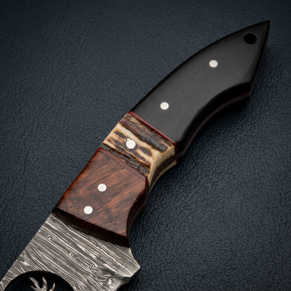 Close view of hardwood stag horn and black handle segments with pins