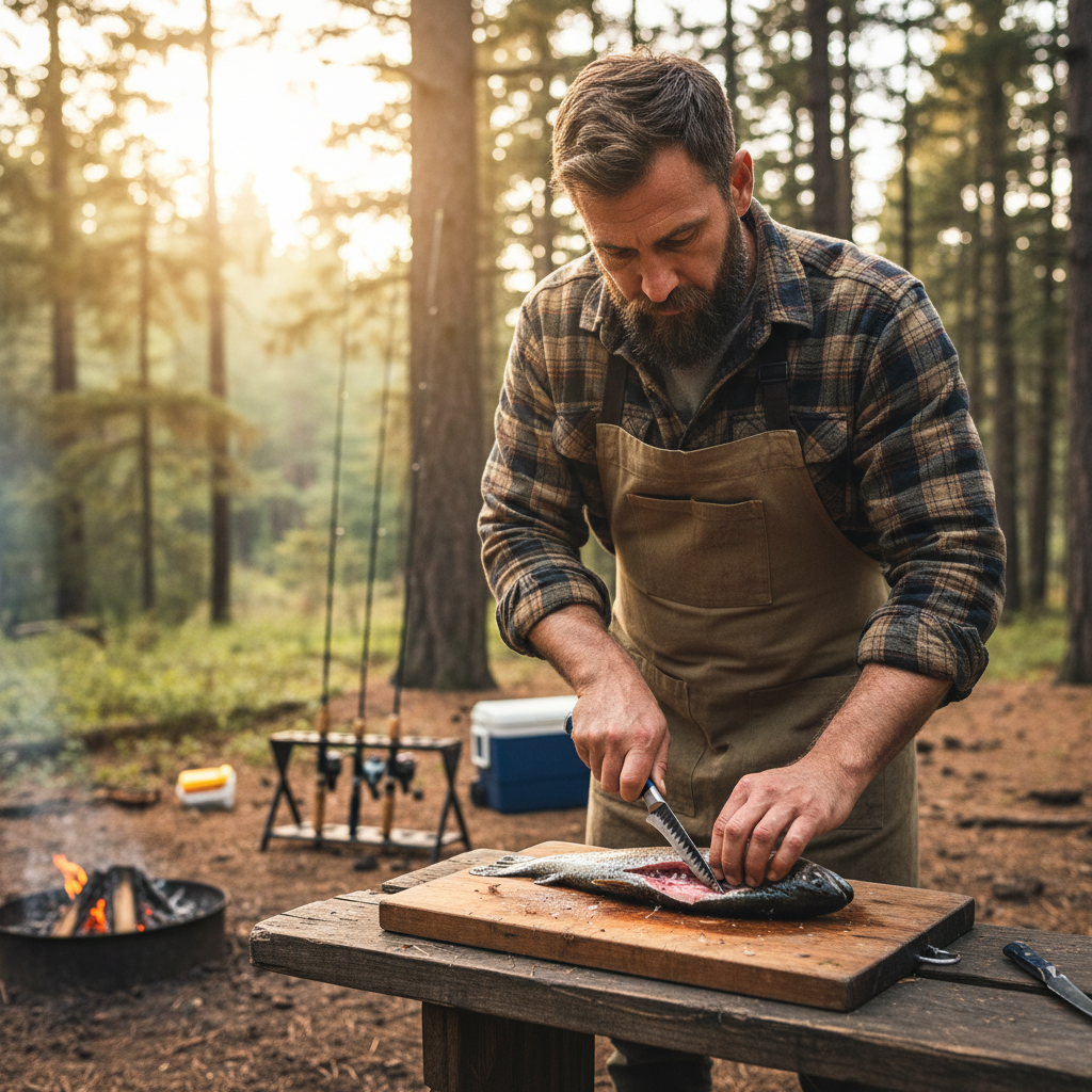 Bearded man looking down while safely using the Damascus boning and fillet knife for food preparation at a fishing campsite