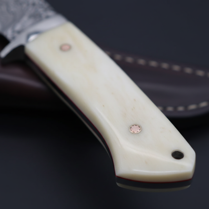 Close-up of smooth white camel bone handle with mosaic pins stainless bolster and lanyard hole on black background