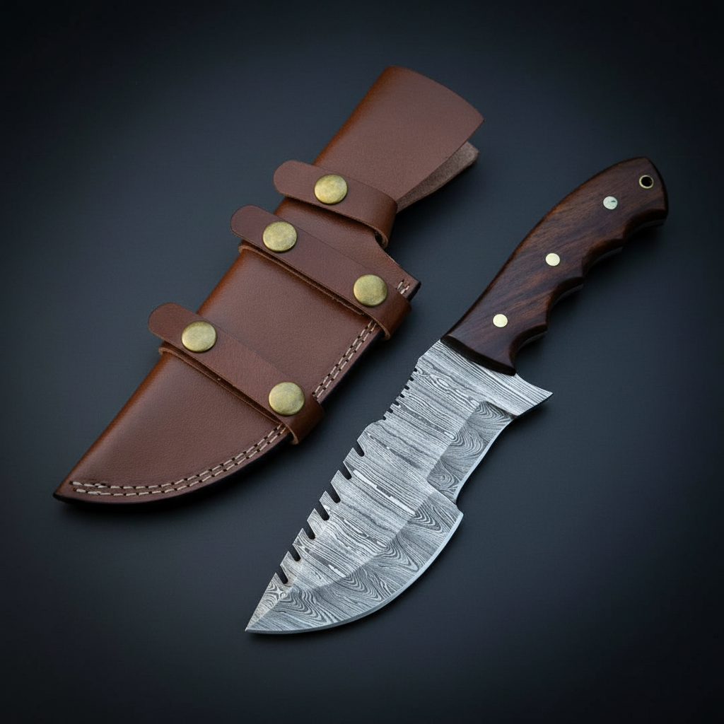 Damascus steel tracker hunting knife with walnut handle and leather sheath on dark charcoal studio background