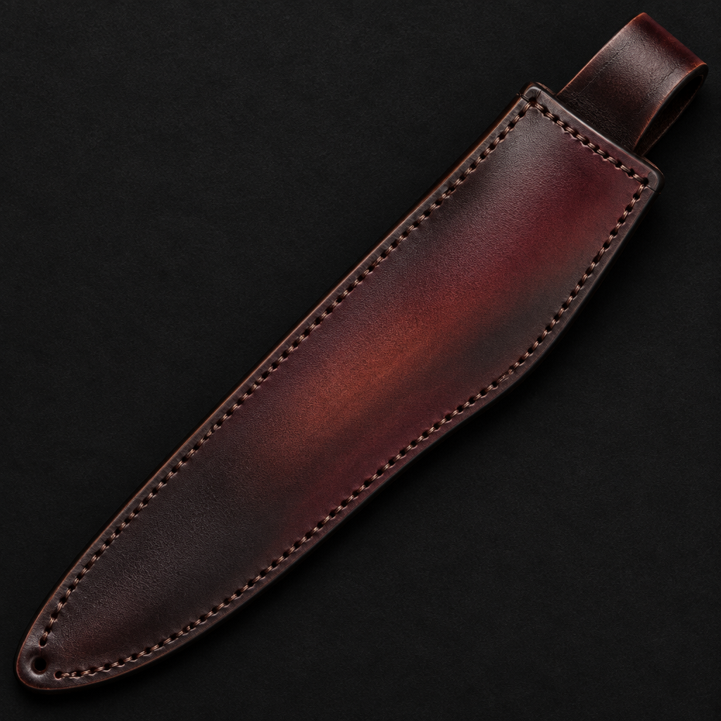 Extreme close-up of burgundy dark brown gradient genuine leather boar Bowie knife sheath full sheath visible on black background