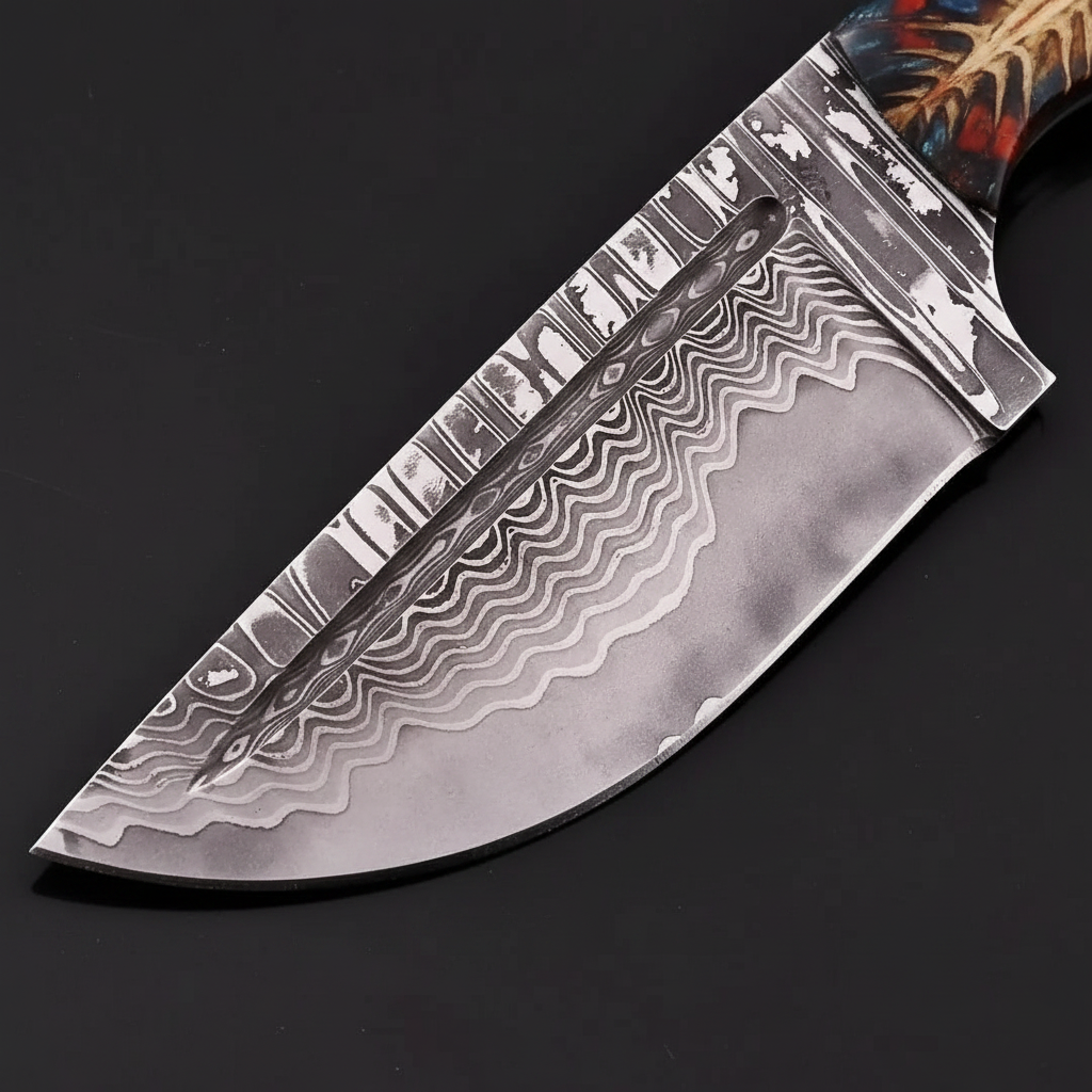 Close view of the handmade Damascus tracker blade showing its patterned steel, filework spine, and fuller