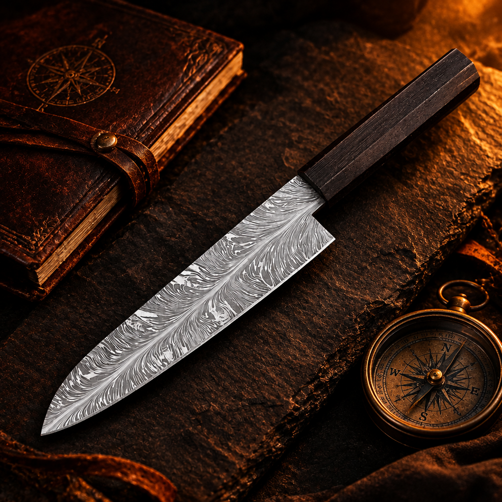 Handmade feather pattern Damascus chef knife wenge octagonal handle luxury cinematic editorial with vintage compass and leather journal on dark slate