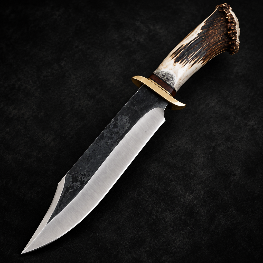 Carbon steel Bowie knife brut de forge black blade stag antler handle brass crossguard studio shot deep black charcoal background