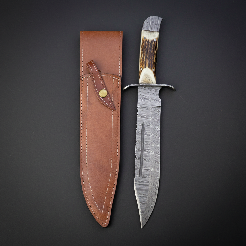 Handmade Damascus Bowie knife with stag horn handle and leather sheath on dark charcoal studio background