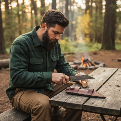 Bearded man safely using a handmade Damascus steel Seax knife at a forest campsite with no flag
