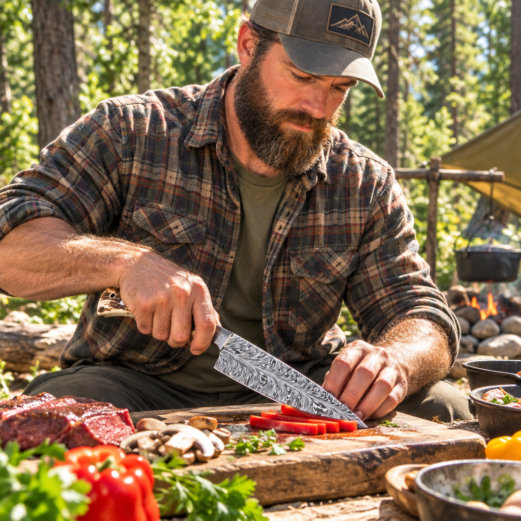 Rugged bearded outdoorsman at forest campsite looking down using handmade feather Damascus chef knife antler handle outdoor cooking
