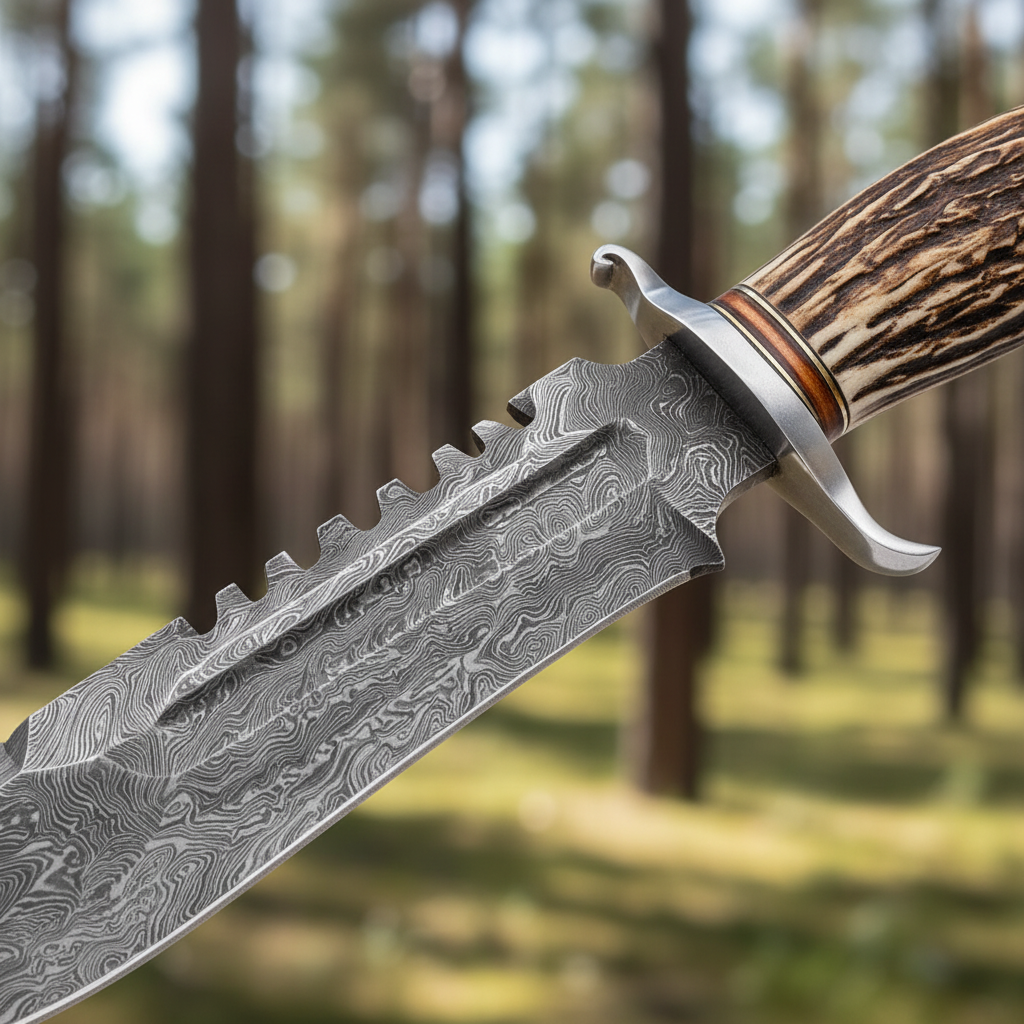 Close-up macro detail of handmade Damascus steel Bowie knife blade showing flowing layered Damascus pattern and serrated spine