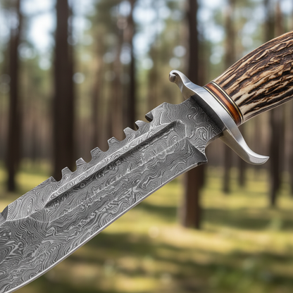 Close-up macro detail of handmade Damascus steel Bowie knife blade showing flowing layered Damascus pattern and serrated spine