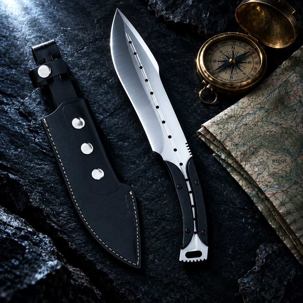 American bushcraft tactical knife dark luxury cinematic editorial shot with brass compass and military topographic map
