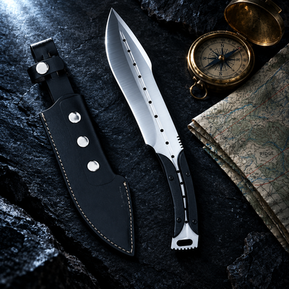 American bushcraft tactical knife dark luxury cinematic editorial shot with brass compass and military topographic map