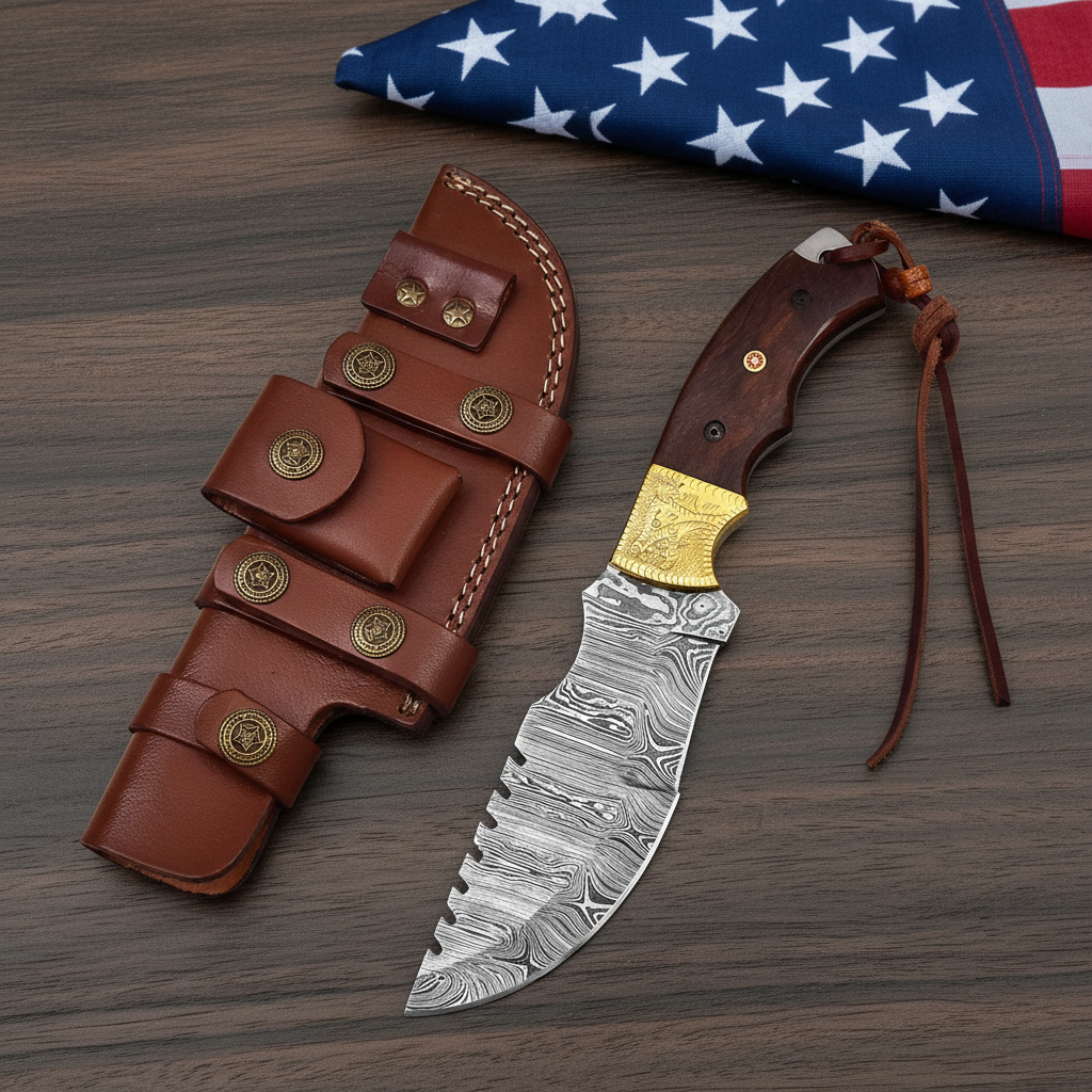 Damascus steel tracker hunting knife and leather sheath on dark brown wood beside a USA flag