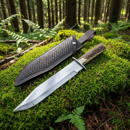 D2 steel Bowie knife and dark basketweave leather sheath resting on thick green forest moss natural outdoor setting