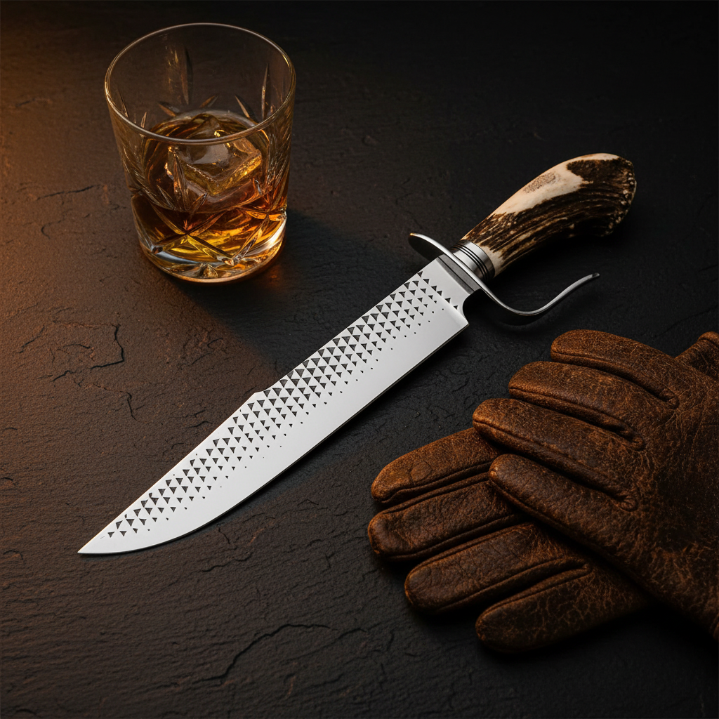 Farrier rasp Bowie knife stag antler D-guard handle dark luxury cinematic editorial shot with whiskey glass and leather gloves