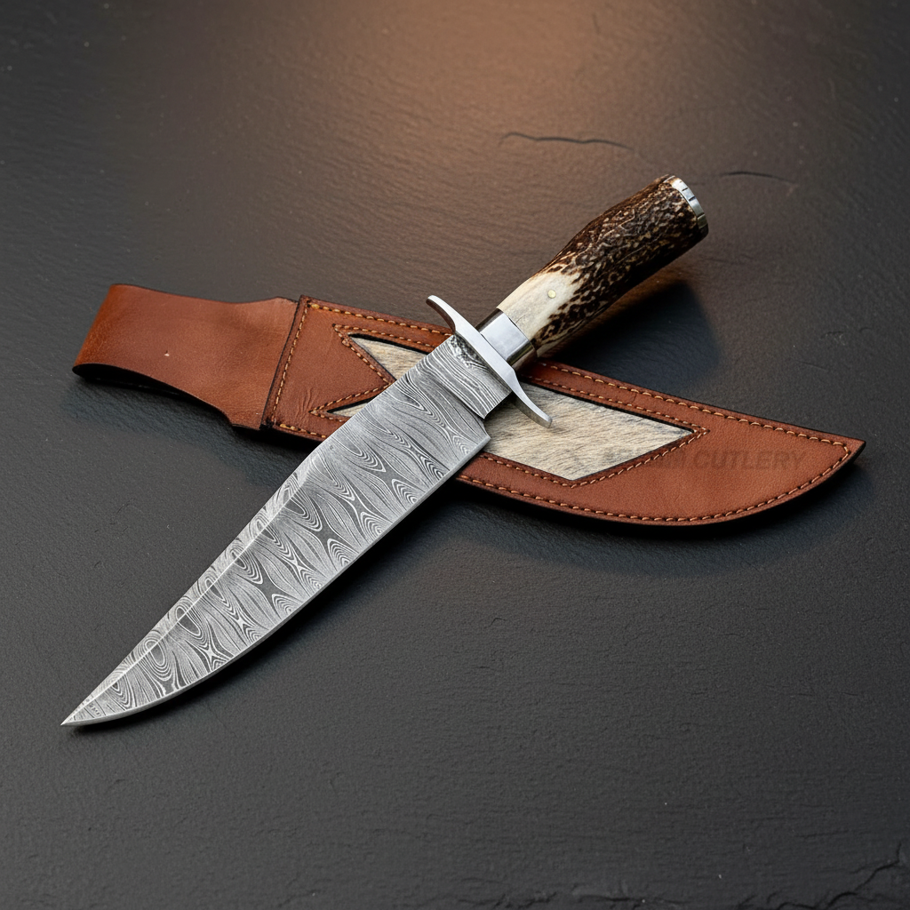 Premium Damascus Bowie knife gift presentation flat lay on dark slate surface