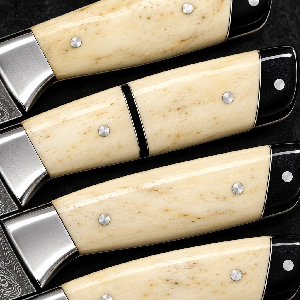 Extreme close-up of cream white bone kitchen knife handles with steel bolsters and black spacers on deep black charcoal background