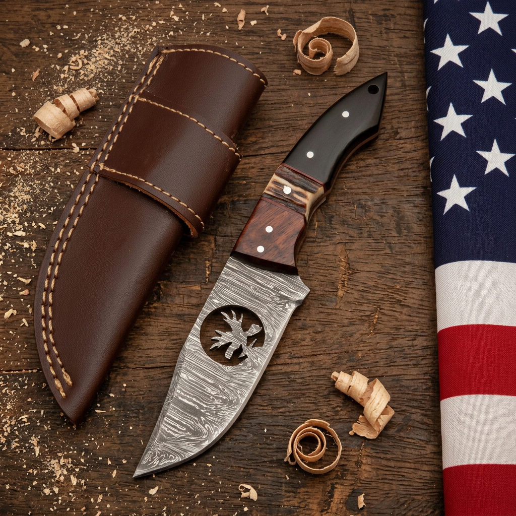Deer cutout Damascus skinner and leather sheath on rustic wood with USA flag at side