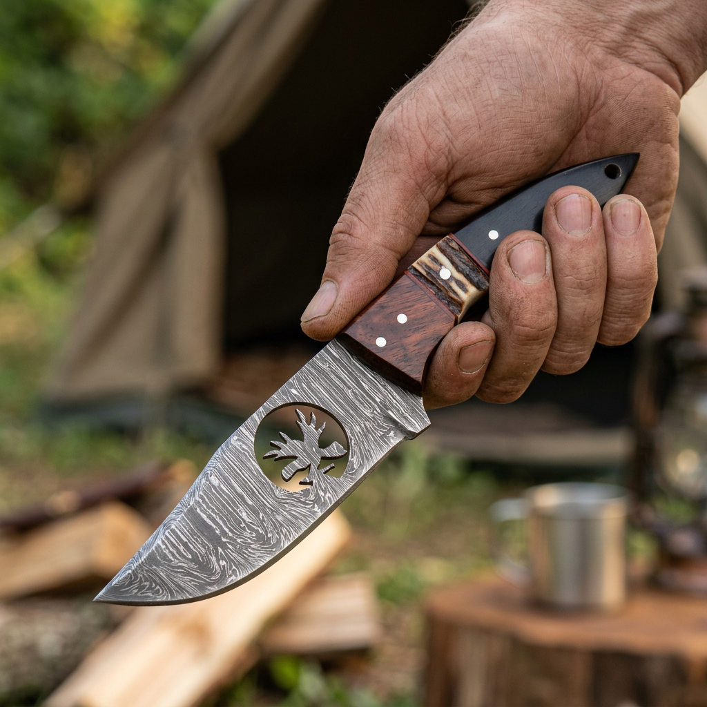 Hand gripping segmented handle Damascus skinner outdoors