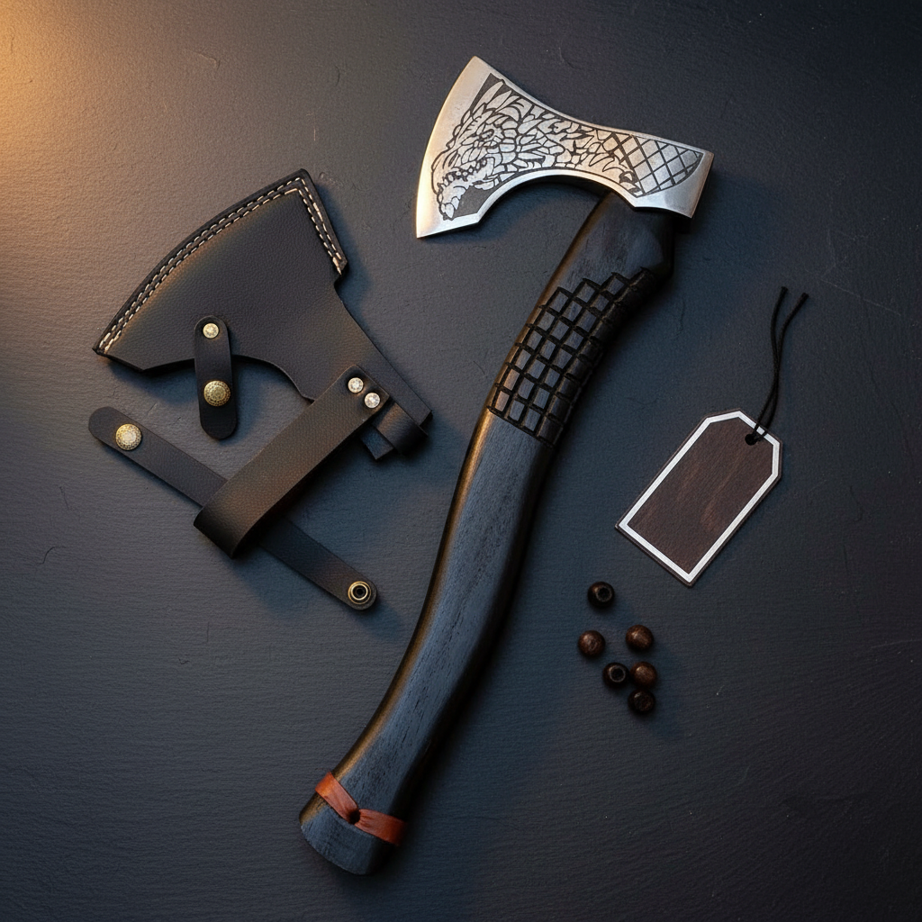 Premium Viking warrior axe gift presentation flat lay on dark slate surface