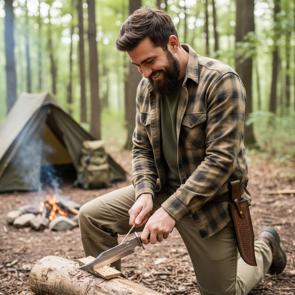 Bearded man looking down while safely using a hand forged high carbon Bowie knife at a bright forest campsite