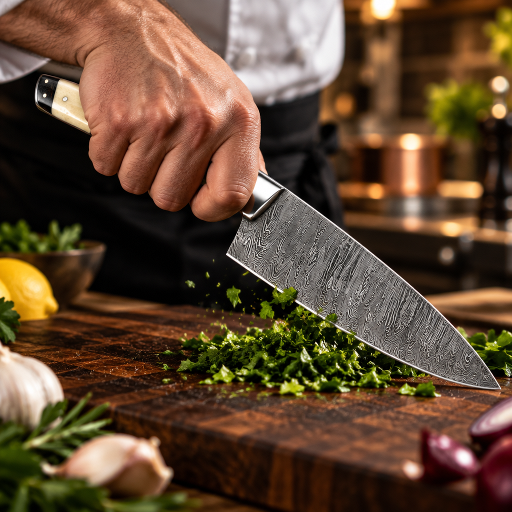 Chef hand gripping handmade Damascus steel kitchen knife cream bone handle steel bolster confident chopping grip on wooden cutting board