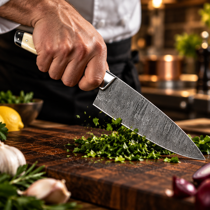 Chef hand gripping handmade Damascus steel kitchen knife cream bone handle steel bolster confident chopping grip on wooden cutting board