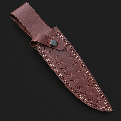Close angle of matching brown sheath with stitching and retention strap