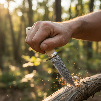 Hand gripping Damascus camel bone knife in dynamic outdoor action pose no face visible forest background