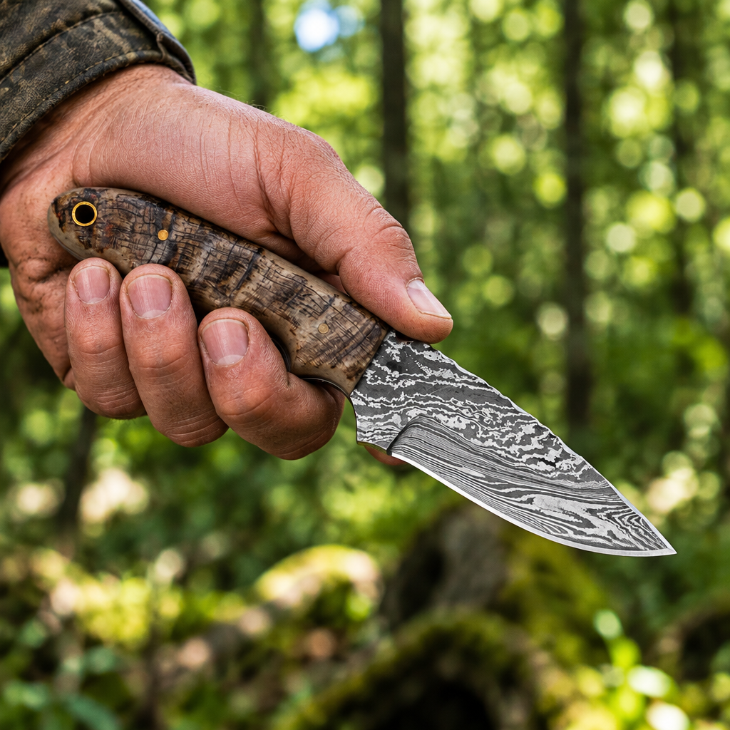 Rugged hand gripping compact handmade Damascus skinner knife natural ram horn handle wild Damascus blade outdoor forest bokeh background