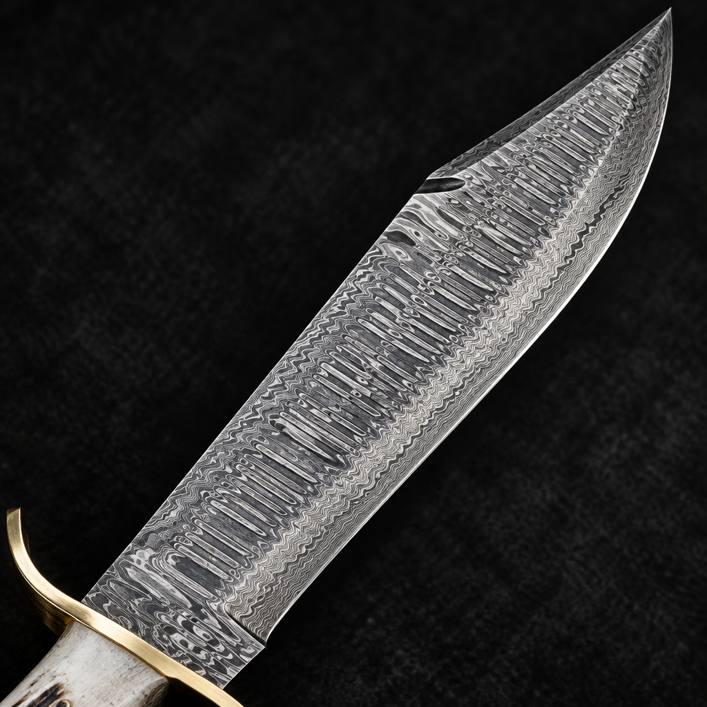 Extreme close-up of Damascus Bowie knife blade ladder pattern Damascus steel on deep black charcoal background