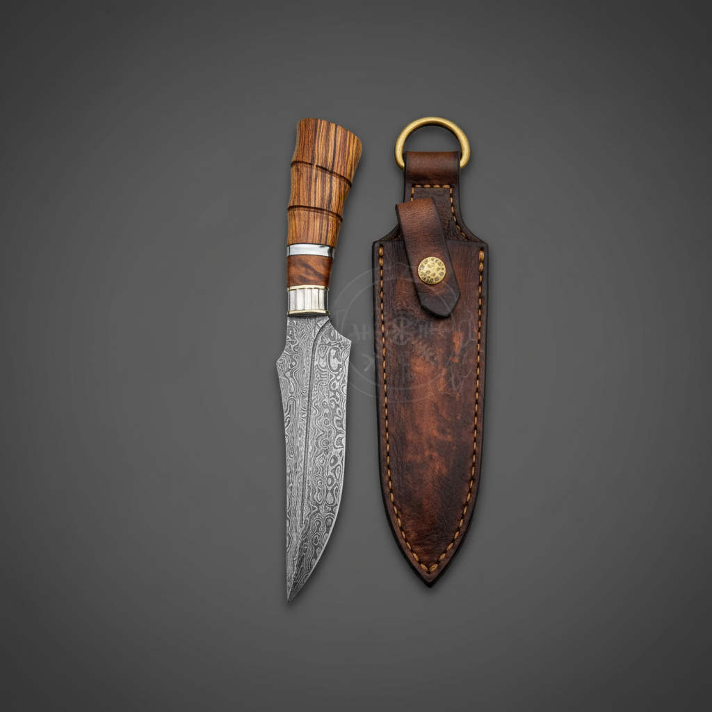 Custom handmade Damascus steel dagger knife with wood handle and leather sheath on charcoal background, right-facing